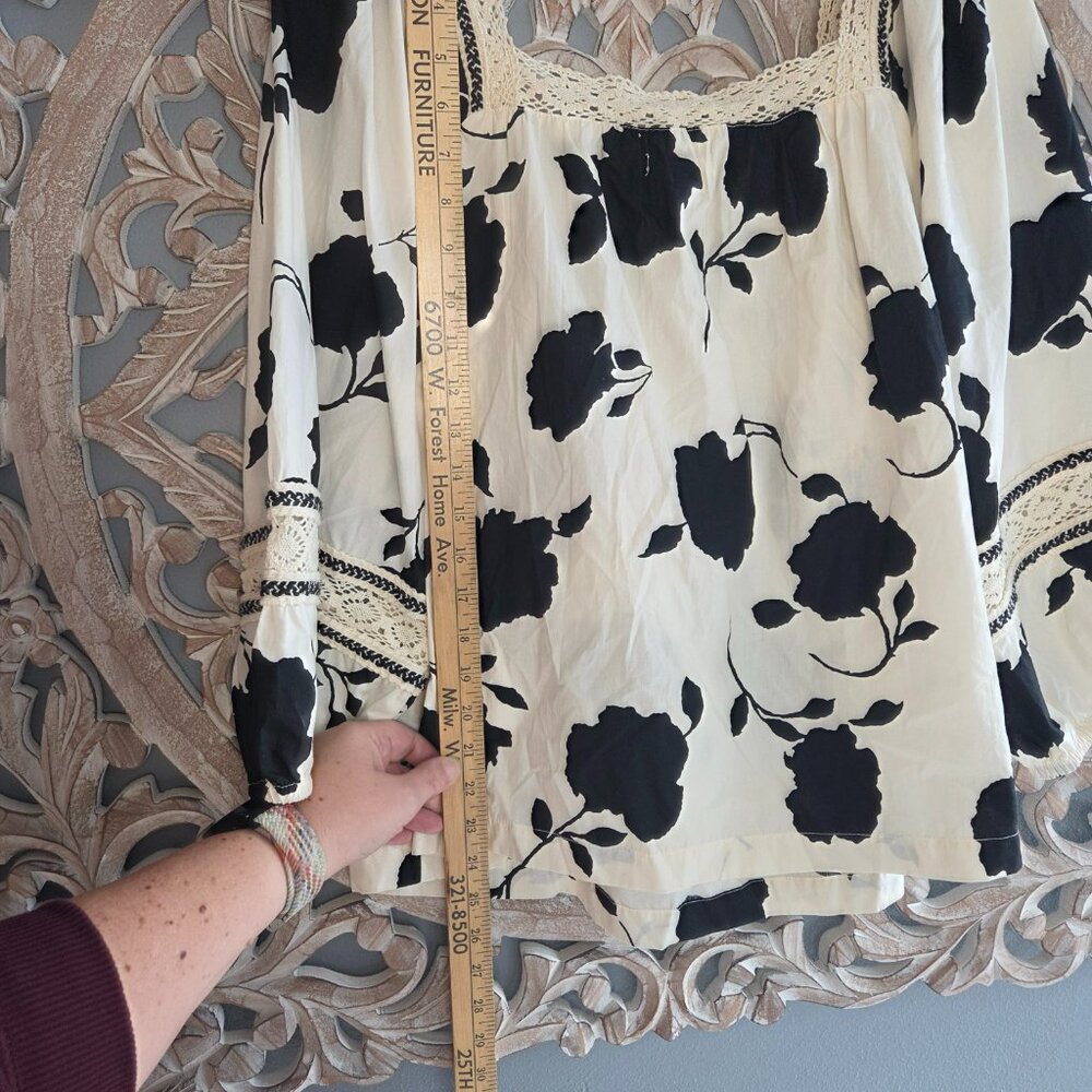 Maurices black cream floral square neck crochet trim peasant top 100% cotton XL - Picture 7 of 7